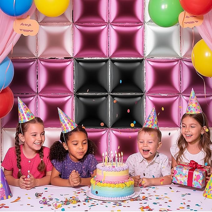 36 Pcs Black Pink Decorations Balloons Brick Square Foil Balloon Wall Backdrop Arch Kit Double Sided Metallic for Cartoon Video Game Birthday Party Supplies (Black Pink Silver)