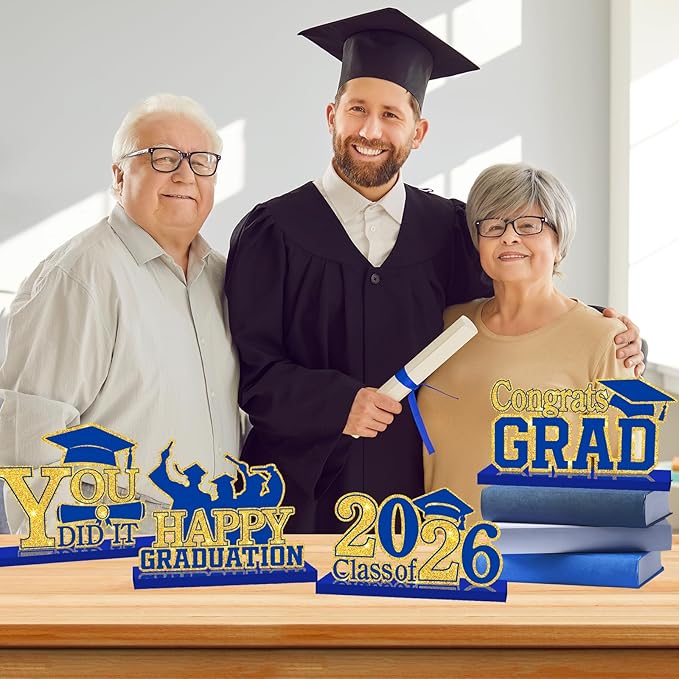 4Pcs Graduation Decorations Class of 2026 Wood Table Centerpieces Congrats Grad Wooden Sign Graduation Table Toppers Congratulate Tiered Tray Decor for 2026 Graduation Party(Blue-Gold)