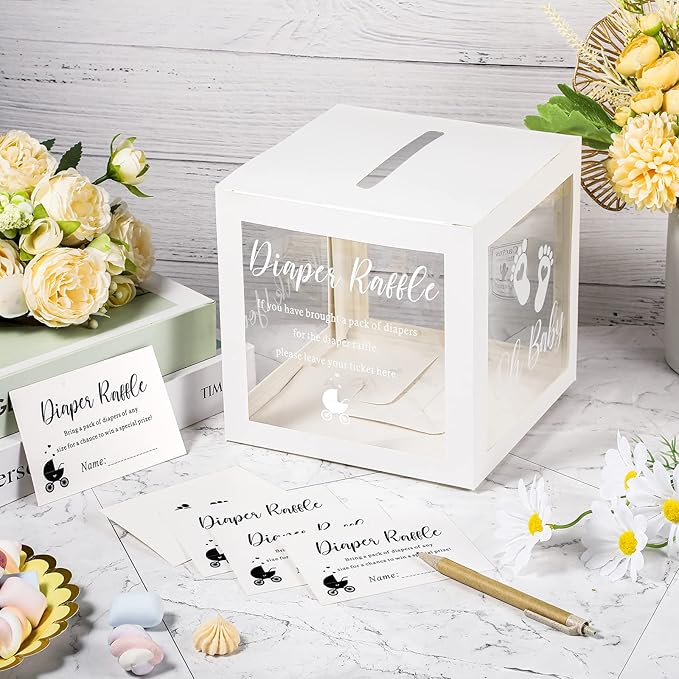 Funrous 51 Diaper Raffle Tickets with Box for Baby Shower Game Invitations Diaper Raffle Card for Gender Reveal Baby Shower Party Decoration Table Centerpiece(Clear White)