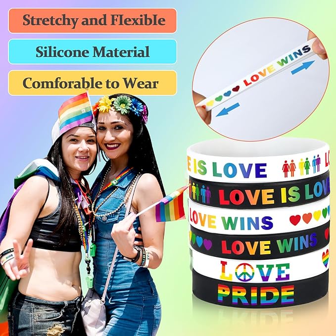 JUNEBRUSHS 42pcs Rainbow Gay Pride Silicone Bracelets LGBT Support Rubber Wristbands for Pride Day Month Parades Decorations Party Accessories Supplies