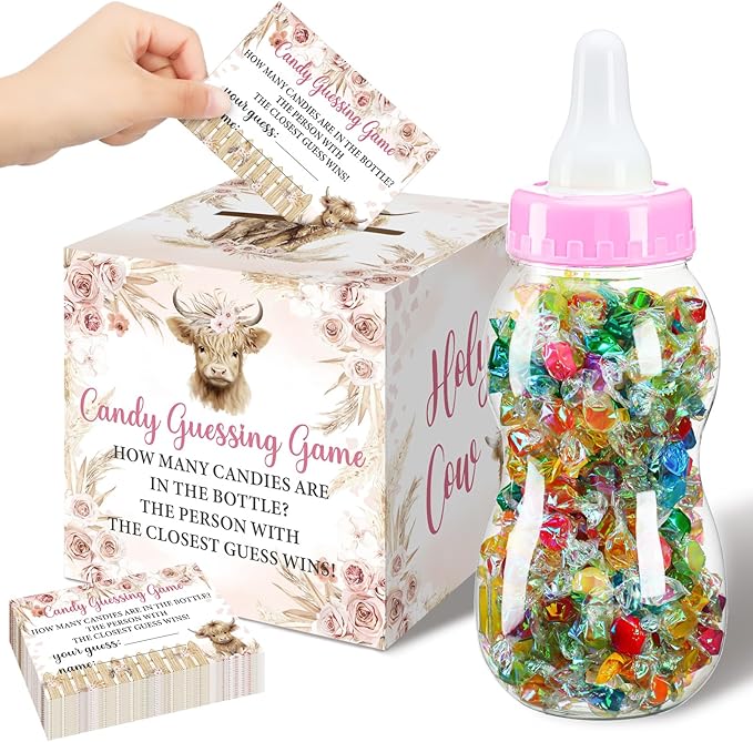 Glenmal 52 Pcs Baby Shower Games Gift Sets Large Baby Bottle for Shower Game Guess How Many Candies Decorations for Gender Reveal (Highland Cattle)