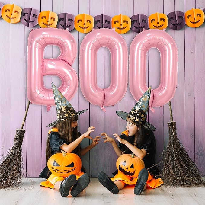 Biapian 40 Inch Halloween Boo Balloons, Giant Pink Boo Balloon Banner Set, 3 Pcs Psatel Foil Boo Letters Balloons Bunting Kit for Girls Horror Spooky Theme Halloween Birthday Party Decoration