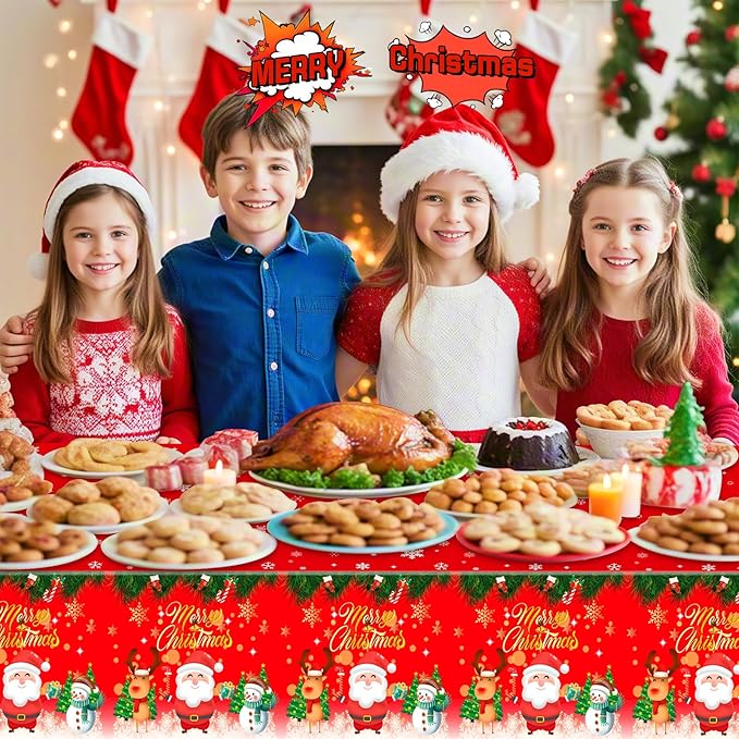 3 Pcs Merry Christmas Tablecloth - Winter Christmas Table Cloth, Disposable Plastic Rectangle Red Xmas Holiday Table Cover for Christma Decorations Party Supplies Tables Decor Favors, 108x54Inch
