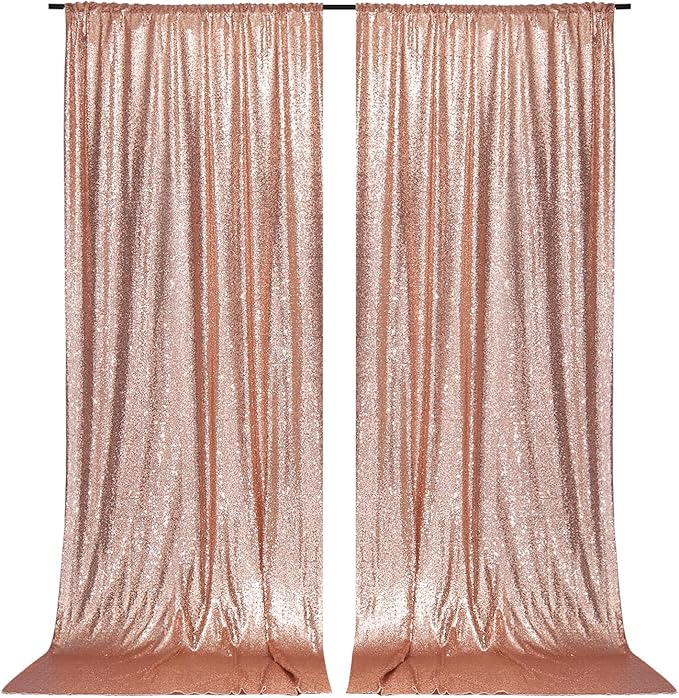 PartyDelight Rose Gold Sequin Backdrop 5x10ft 2 Panels - High Density 3mm Shimmer Sequin Background with 4-Inch Rod Pocket, Sparkly Photography Curtain for Wedding, Gala, Stage & Event Decoration