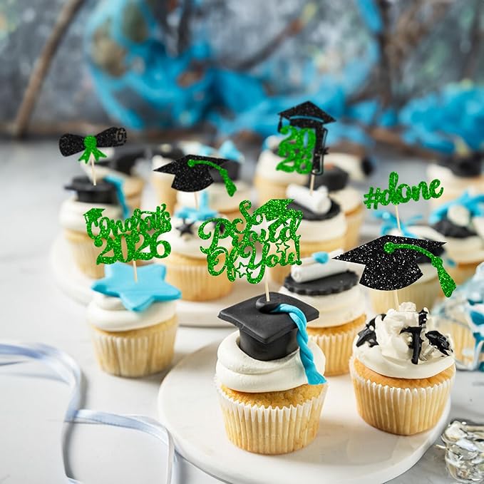 Gyufise 24Pcs Graduation Cupcake Toppers 2026 Glitter Class of 2026 Cupcake Toppers So Proud of You Congrats Grad Cap Diploma Cupcake Picks for Graduation Party Decorations 2026 Green