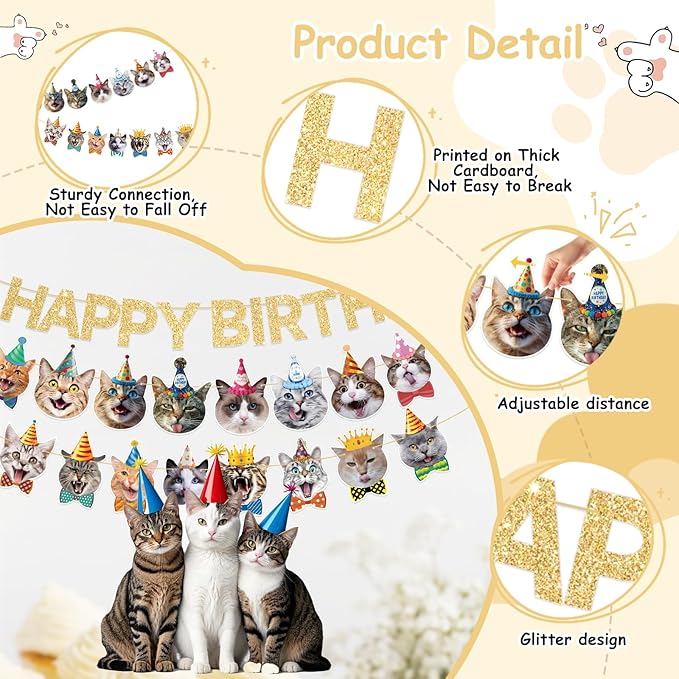 Cat Happy Birthday Banner - Cat Birthday Decorations Party Decor Supplies for Kids, Boys, Girls