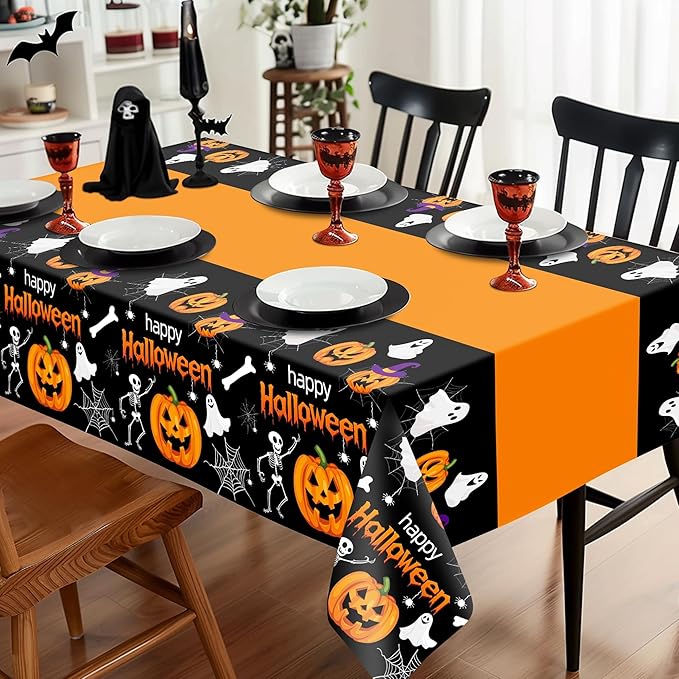 Childom 2 Pack Halloween Tablecloth,Halloween Decorations 54x108 Inch Disposable Plastic Table Cover for Rectangle,Pumpkin Spider Web Ghost Table Cloth for Home Indoor Outdoor Birthday Party Supplies