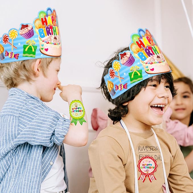 WorldBazaar Birthday Crowns for Kids Classroom 36 Pack Happy Birthday Hats with Badge Stickers Teacher Classroom School Family VBS Party Supplies