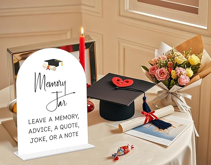Graduation Memory Jar Sign, 6 x 8 Inch White Arch Acrylic Grad Party Sign with Holder, Graduation Party Sign for Class of 2026, Grad Decor, High School College Party Supplies - DL07