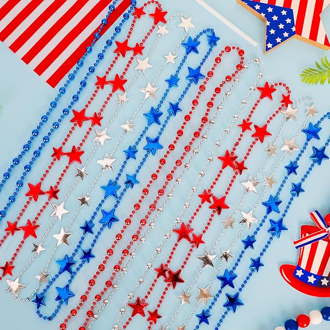 100PCS 4th of July Necklace, 6 Kinds Patriotic Fourth of July Beads Necklace Bulk, Independence Day Red Blue White Stars Round Beads, Patriotic Bulk for Parade Party Celebration Favors