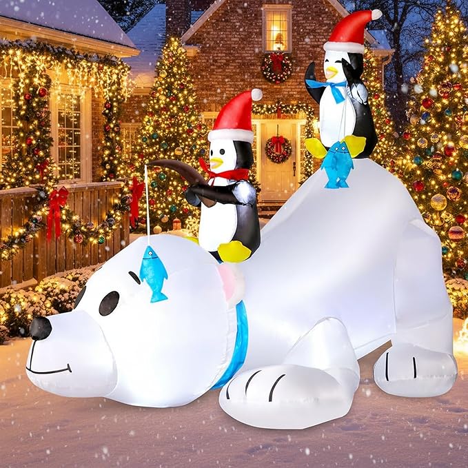 6 FT Christmas Inflatable Outdoor Decoration Polar Bear with Penguins, Xmas Blow Up Yard Decoration with Built-in LED Lights, Suitable for Christmas Party Outdoor, Yard, Garden, Lawn Holiday Decor