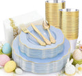 NOCCUR 175PCS Blue Plastic Plates with Gold Disposable Silverware - Include 50 Light Blue and Gold Plastic Plates,25 Knives,25 Forks,25 Spoons,25 Cups and 25 Napkins - Easter Day/Spring Party