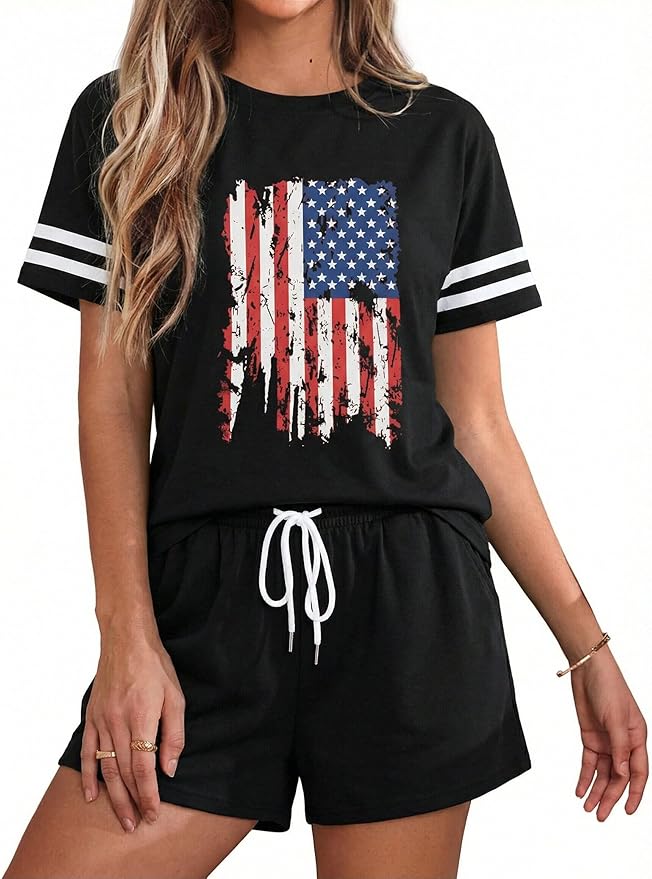 VILOVE 4th of July 2 Piece Sequin Outfits Women 250 Anniversary Usa Shirts and Short Sets Casual Patriotic Shirt Summer Set