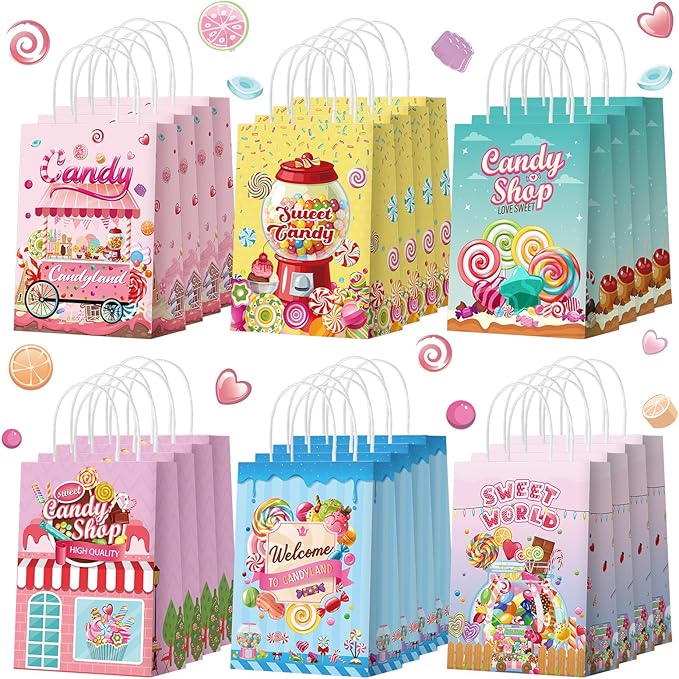 Sinload 48 Pcs Candy Sweet Goodie Bags with Handles Lollipop Gift Bags Candy Party Favors Sweet Shop Theme Treat Boxes for Classroom Prizes Supplies Birthday Wedding Baby Shower Party Decor