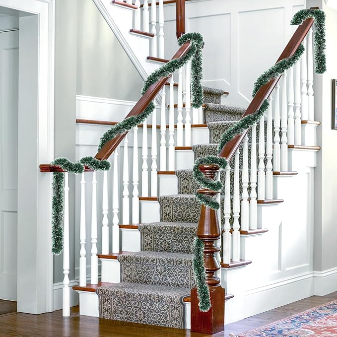 50Ft Christmas Tinsel Garland, Green Metallic Twist Garland for Christmas Tree Decorations, Xmas Tree Decor for Holiday Party Supplies (Green)