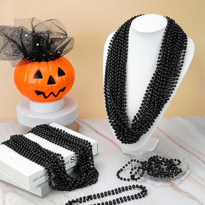 50 PCS Black Bead Necklaces, Black Mardi Gras Beads, New Year Eve Necklaces, 33 Inch Round Halloween Beaded Necklace, Party Beads for Mardi Gras, Christmas, Halloween, New Year Party Favors