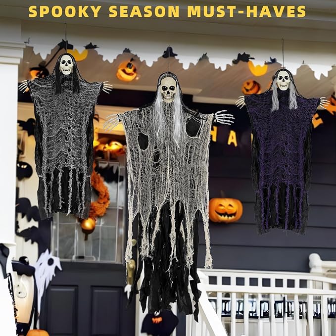 Halloween Decorations Outdoor/Indoor,Set of 3 Scary Hanging Ghosts,Halloween Grim Reaper Skeleton, Scary Party Decorations,Haunted House Decor for Yard/Lawn/Garden.