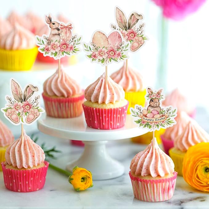 Ercadio 24Pcs Floral Easter Rabbit Bunny Ear Cupcake Toppers Rabbit Egg Happy Easter Cupcake Picks for Easter Day Spring Boys Girls Birthday Baby Shower Party Cake Cupcake Decors Supplies