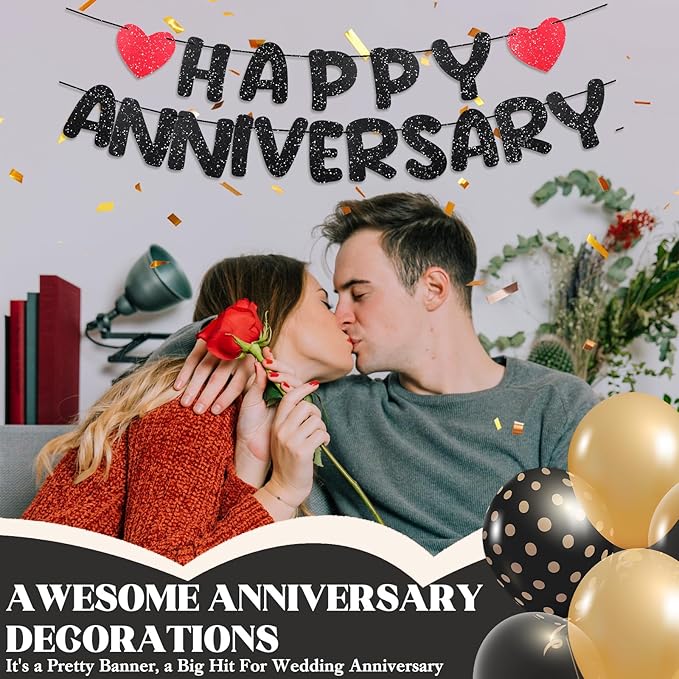 Happy Anniversary Decoration Glitter Anniversary Party Decorations Romantic Decorations Wedding Party Banner No DIY Pre-strung Happy Anniversaries Banner for Decoration Supplies Birthday Door(Black)