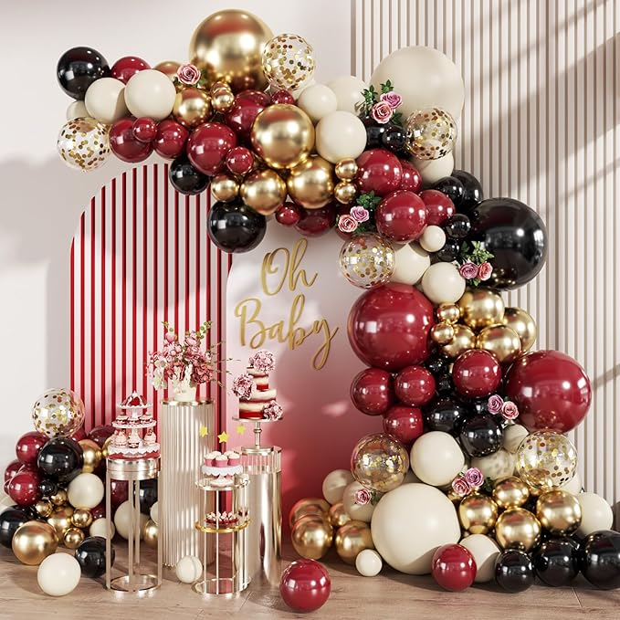 Burgundy Black White Gold Balloon Arch Garland Kit, 147PCS Latex Balloons Different Sizes 18 12 10 5 inch for Valentines Wedding Bachelorette Birthday Mothers Day Graduation Party Decoration