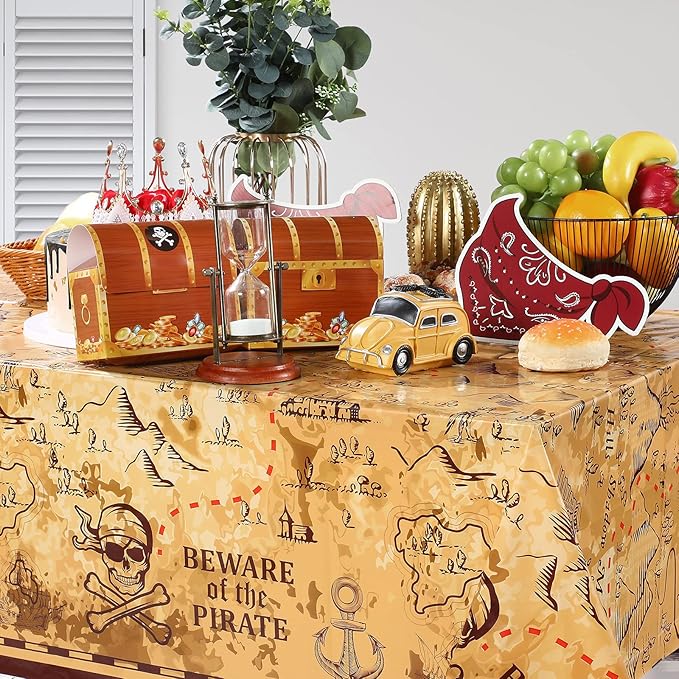 Irenare 3 Pieces Pirate Tablecloth for Party Decor - 54 x 108 Inches Pirate Treasure Map Tablecover Plastic Island Treasure Table Covers Navigation Supplies for Birthday Party Decoration
