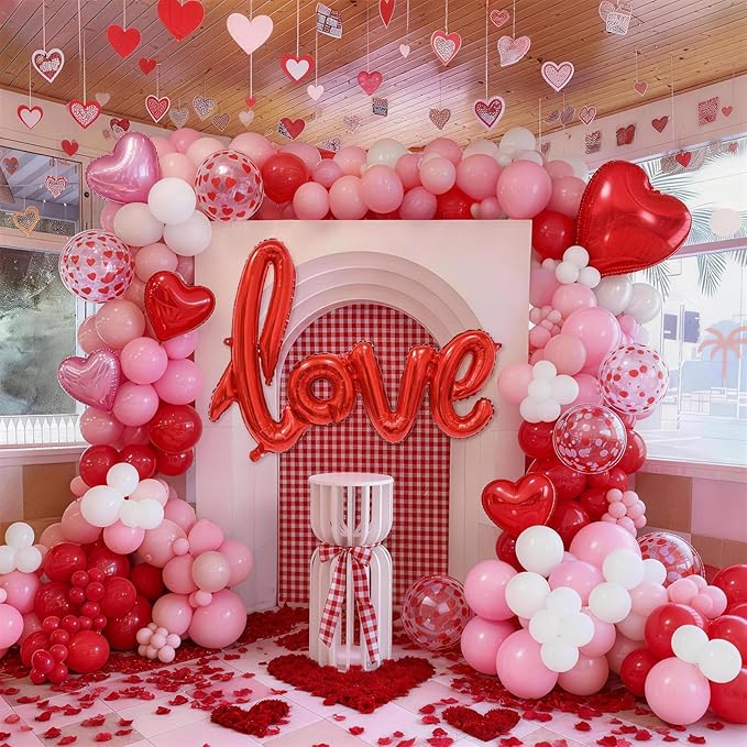 Valentines Day Balloon Arch Kit 114Pcs Red Pink White Balloon Garland Kit with Love Heart Foil Balloons Galentines Party Balloons Decorations for Marriage Proposal Engagement Wedding Mothers