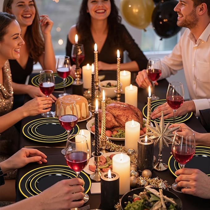 175PCS Black and Gold Plates - Black Disposable Plates for Party - 25Guests Disposable Dinnerware Set for Graduation Wedding Party Birthday
