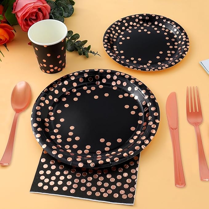 175 Pcs Black and Rose Gold Party Supplies, Disposable Party Dinnerware Gold Plastic Forks Knives Spoons Black Rose Golden Dot Plates Cups Napkins for Birthday Wedding Serves 25