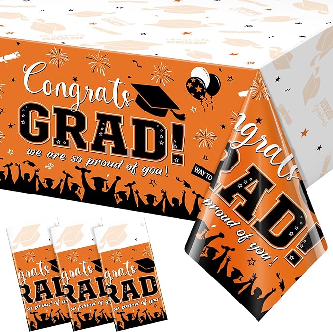 3 Pack Graduation Tablecloth Party Decorations, Class of 2026 Congrats Grad Plastic Tablecover Party Supplies, Orange Rectangle Graduation Table Decorations for College High School Party, 54 x 108Inch