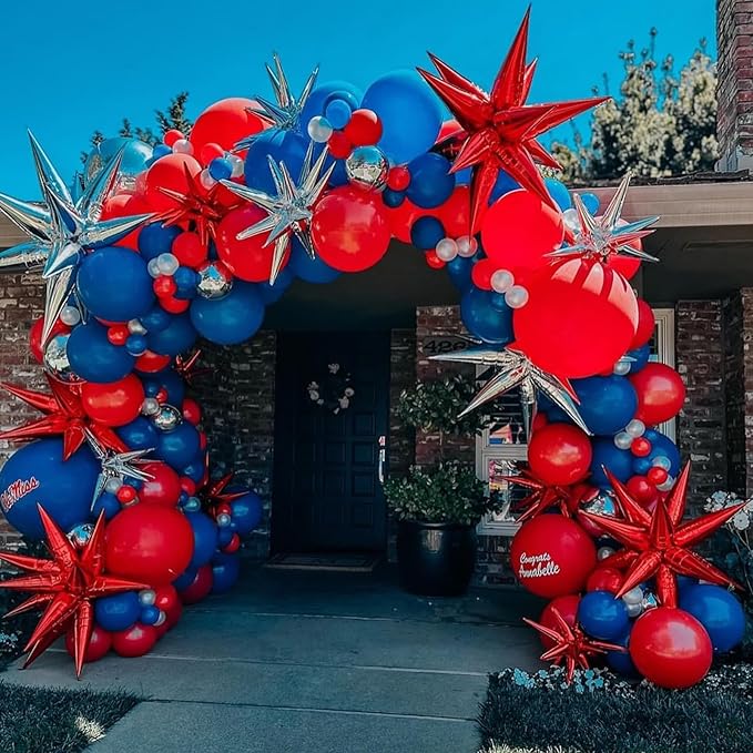 Red Blue Silver Balloon Arch Garland Kit, Red Royal Blue Latex Balloons 4D Ball Explosion Star Foil Balloons for Boys Baby Shower Party Graduation 4th of July Baseball Birthday Party Decor