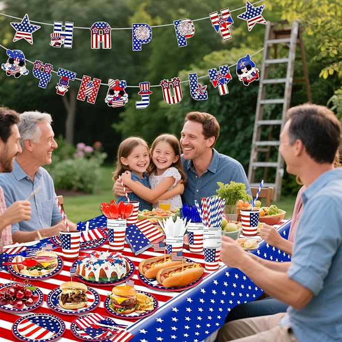 244PCS 4th of July Decorations Patriotic American Flag Party Supplies - Serve 30 - Tablecloths,4th of July Disposable Paper Plates Cups Napkins Cutlery Forks Spoons Straws,Banner Red White Blue Decor