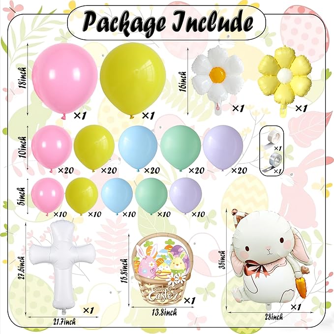 Easter Decorations Indoor Outdoor, 160Pcs Rainbow Pastel Eatser Balloons Arch Garland Kit with Cross Bunny Daisy Foil Balloons for Rabbit Theme Spring Decoration