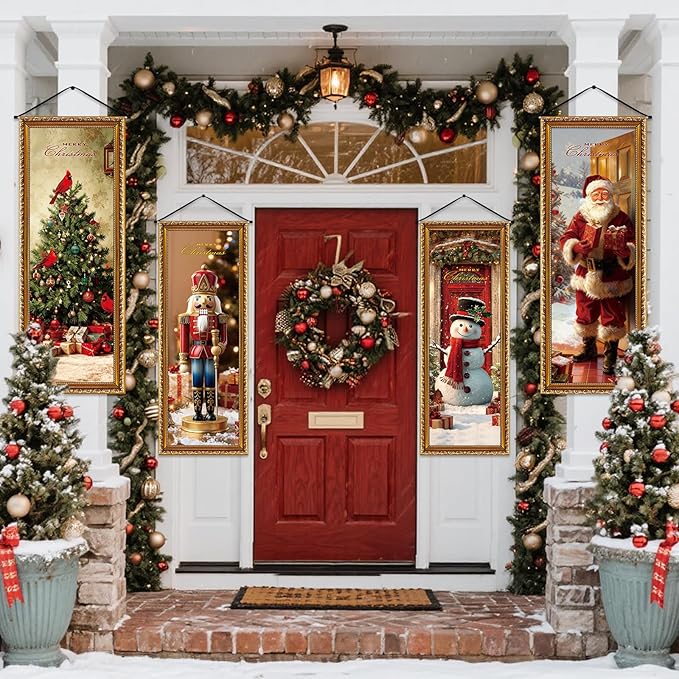 Panelee 4 Pcs Christmas Porch Banners Snowman Santa Nutcracker Xmas Tree Stretching Portraits Wall Decorations Christmas Porch Sign Backdrop for Xmas Indoor Outdoor Wall Hanging Decor