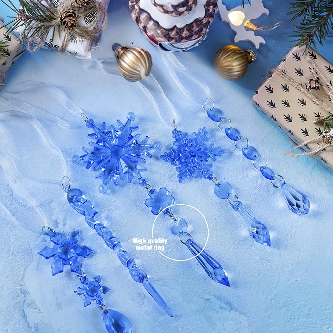 18pcs Crystal Christmas Ornaments for Christmas Tree Decorations-Royal Blue Hanging Acrylic Snowflake and Icicle Ornaments with Drop Pendants for New Year Party Decorations Supplies