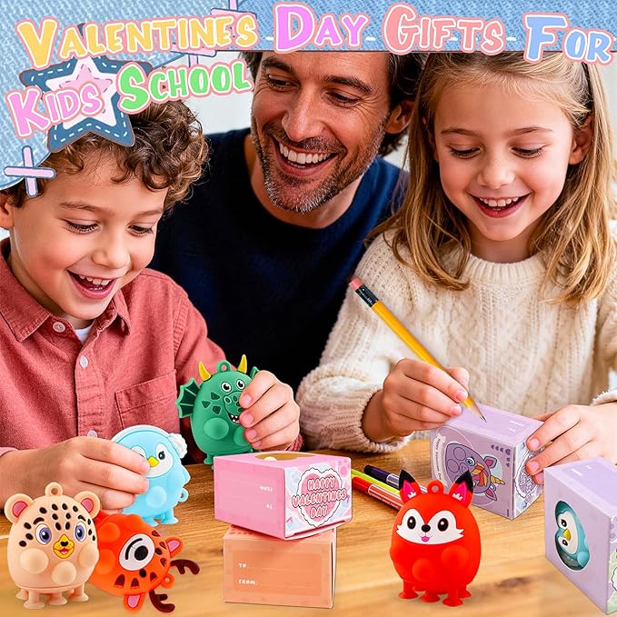 Valentines Day Gifts for Kids, 24 PCS Prefiled Valentines Box with 3D Animal Pop Suction Toys, Valentines Party Favors for Class, School Classroom Valentines Gifts for Boys Girls Toddlers