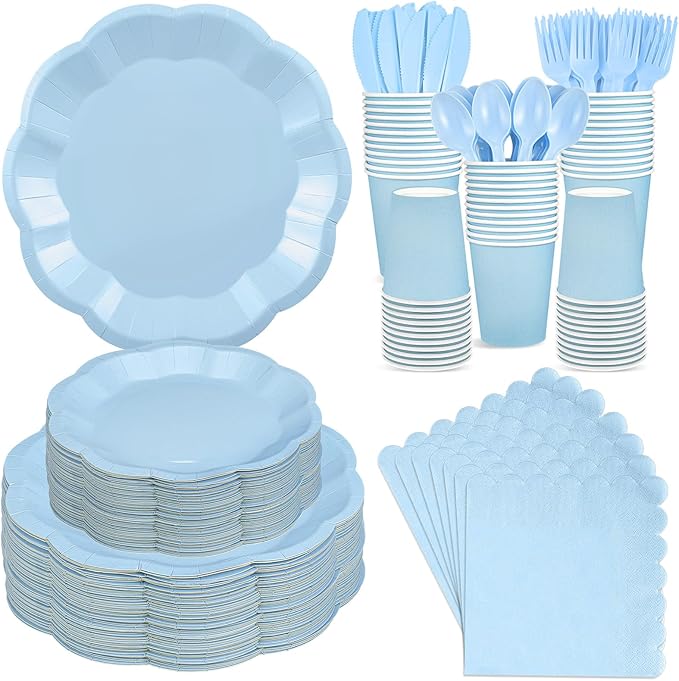 350 Pcs Light Blue Paper Plates and Napkins Set Include 9" Easter Plates, 7" Dessert Plate Disposable Scalloped Tableware Serve 50 Guest for Wedding Boy Baby Shower Bridal Shower Birthday
