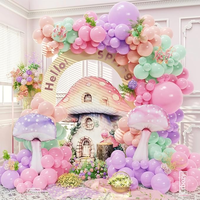 143Pcs Fairy Wonderland Balloon Arch Garland Kit, Pastel Pink Purple Dusty Green Latex Balloons with Mushroom Foil Balloons for Girls Fairytale Birthday Spring Baby Shower Garden Tea Party Decorations