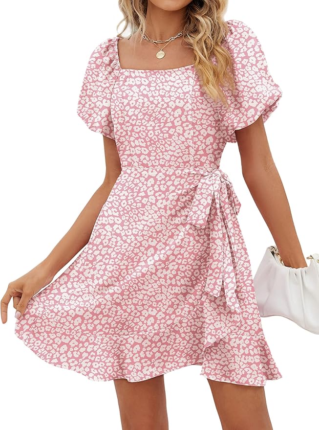 Sampeel Womens Summer Dresses Square Neck Puff Sleeve Tie Waist Short Dress