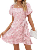 Sampeel Womens Summer Dresses Square Neck Puff Sleeve Tie Waist Short Dress