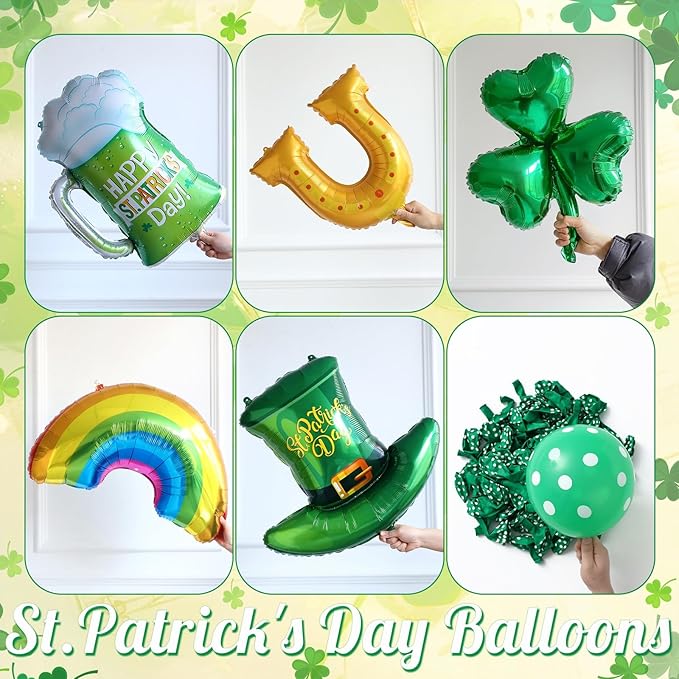 St. Patrick's Day Balloon Arch Kit,161Pcs Green Gold Balloon Garland with Rainbow,Shamrock,Top Hat,Beer Cup,Horseshoe Foil Balloons for St Patricks Day Irish Festival Lucky One Spring Party Decoration