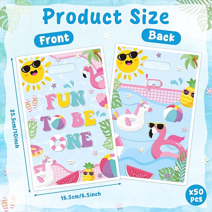Summer Pool Party Favor Bag - 50Pcs Beach Fun to Be One Goody Candy Treat Gift Bag Summer Flamingo Beach 1st Birthday Party Decoration for Kid Girl First Birthday Hawaiian Swimming Pool Event Supplies