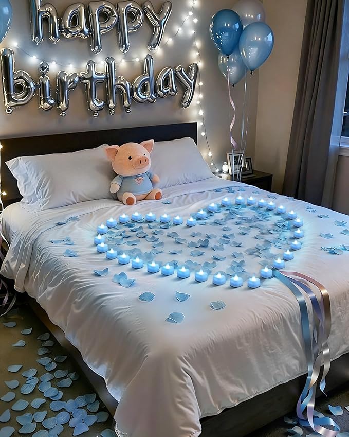 Amagic 1000 Pieces Light Blue Artificial Rose Petals with 12 Light Blue LED Tea Lights, Rose Petals and Candles Set for Proposal, Anniversary, Romantic Night, Wedding Decor