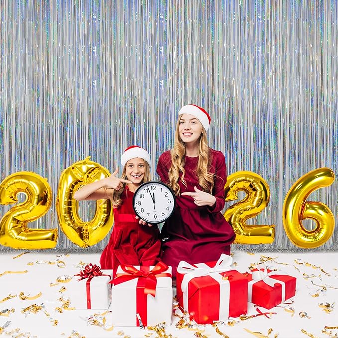 Melsan Silver Tinsel Backdrop Curtain, 3.2 ft x 8 ft Silver Foil Fringe Curtains, Sparkle Metallic Streamers for Disco Bachelorette Birthday Party Decorations, 2 Pack
