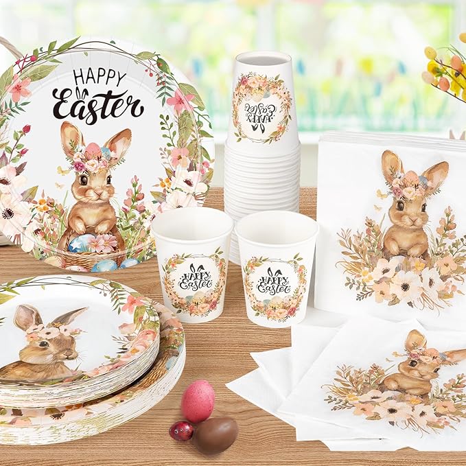 100Pcs Easter Party Decorations, Easter Tableware Set Serve 25 Guests 9" Dinner Plates 7" Dessert Plates 9OZ Paper Cups Napkins, Disposable Dinnerware Set, Paper Plate Bunny Egg Party Supplies