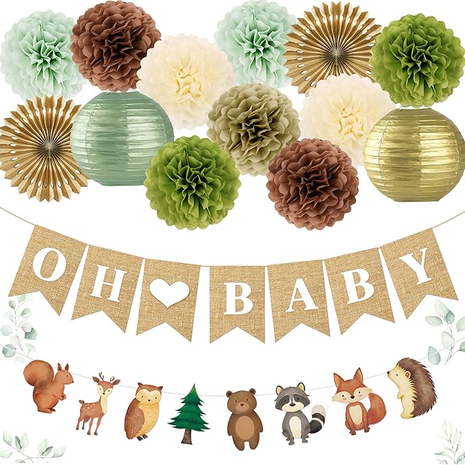 Kriyokiaa Woodland Baby Shower Decorations 15 Pcs Baby Shower Decorations with Oh Baby Banners Paper Lantern Paper Flower Pom Poms