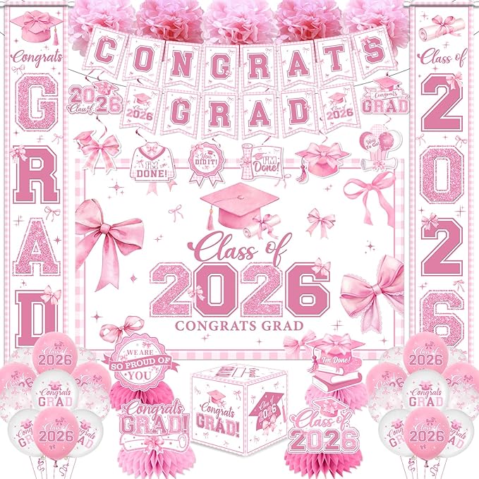 Pink Bow Graduation Decorations 2026 Set, All-in-1 Coquette Kit with Congrats Grad Banner Class of 2026 Backdrop Porch Sign Balloons Centerpieces Card Box Pom Poms Streamers for College High School