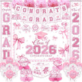Pink Bow Graduation Decorations 2026 Set, All-in-1 Coquette Kit with Congrats Grad Banner Class of 2026 Backdrop Porch Sign Balloons Centerpieces Card Box Pom Poms Streamers for College High School
