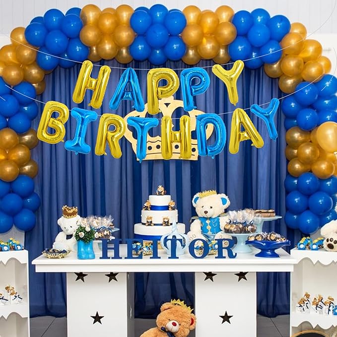 TONIFUL Happy Birthday Balloons with Ribbon Straw, 16 Inch Mylar Letters Birthday Sign Banner Bunting Reusable for Girls Boys Kids & Adults Party Decorations Supplies（Gold Blue）