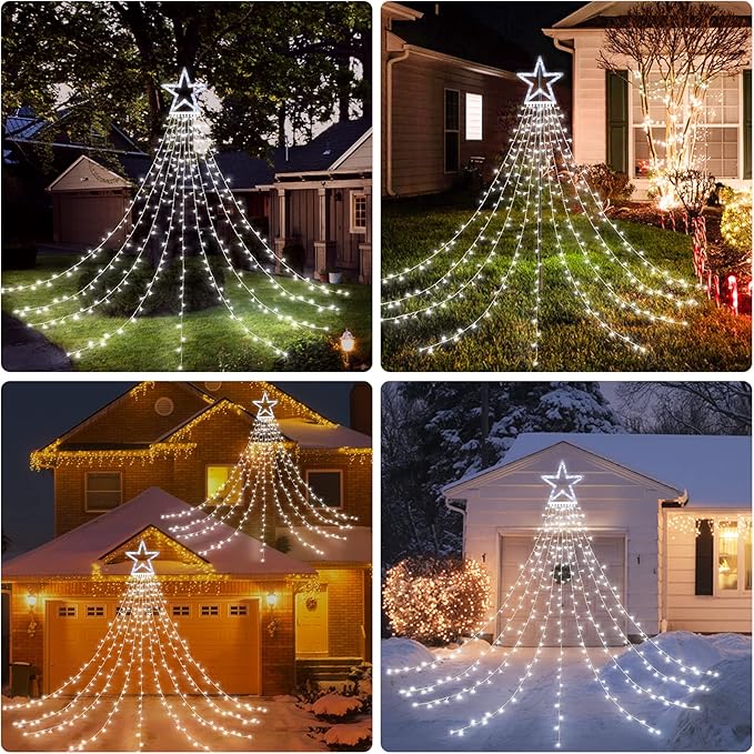 BlcTec Outdoor Christmas Lights 317 LED Christmas Star Lights with 9 Strands 11.9ft Waterfall Tree Lights, 8 Modes, Waterproof & Timer for Garden Yard Patio Outdoor Xmas Decorations, Cool White