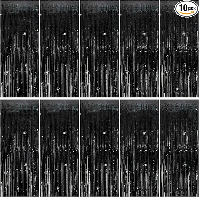 Tinsel Curtain Party Backdrop Black Birthday & Wedding Decor - 10 Packs Glitter Foil Fringe Streamers for Photo Booth